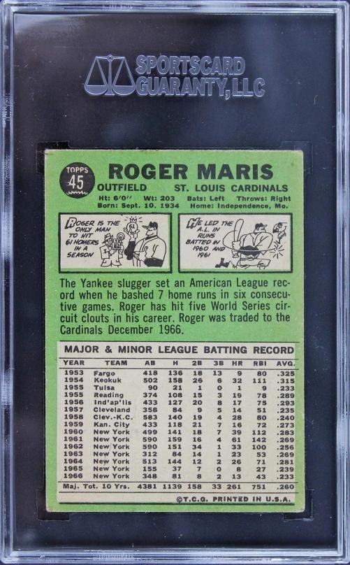 Yankees Roger Maris Authentic Signed 1967 Topps #45 Auto Card SGC Authentic - 5