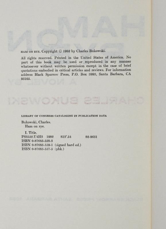 Ham on Rye ~ SIGNED by CHARLES BUKOWSKI ~ First Edition ~ 1st Printing 1982 - 6