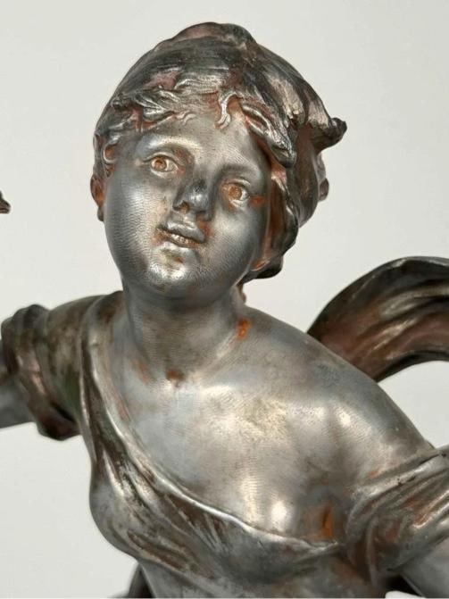 Antique Auguste Moreau Art Nouveau Woman Plan Flutes Bird Spelter Statue Signed - 10