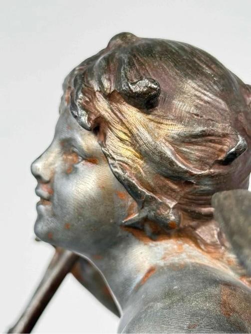 Antique Auguste Moreau Art Nouveau Woman Plan Flutes Bird Spelter Statue Signed - 11
