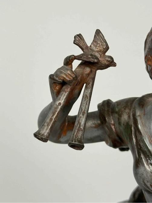 Antique Auguste Moreau Art Nouveau Woman Plan Flutes Bird Spelter Statue Signed - 12