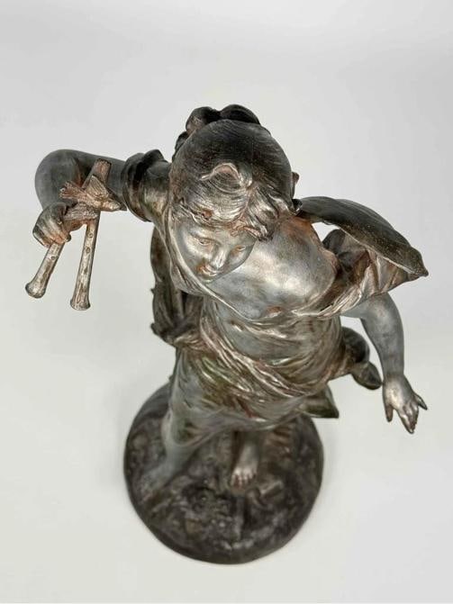 Antique Auguste Moreau Art Nouveau Woman Plan Flutes Bird Spelter Statue Signed - 15