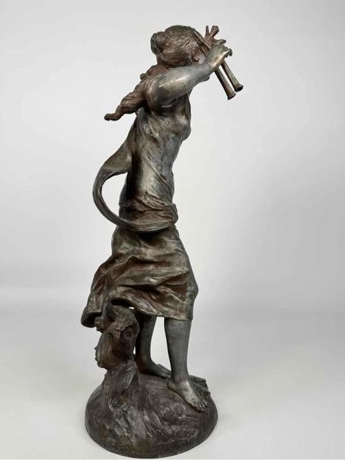 Antique Auguste Moreau Art Nouveau Woman Plan Flutes Bird Spelter Statue Signed - 2