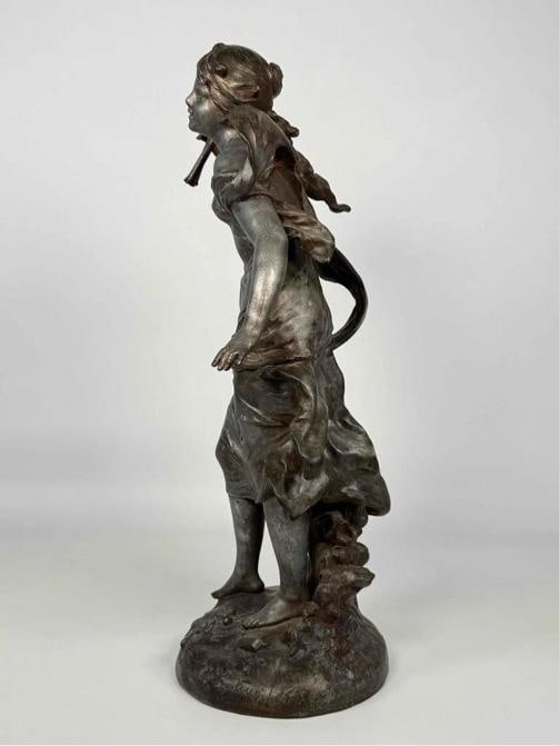 Antique Auguste Moreau Art Nouveau Woman Plan Flutes Bird Spelter Statue Signed - 3