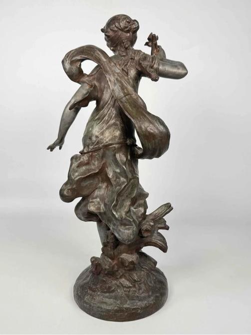 Antique Auguste Moreau Art Nouveau Woman Plan Flutes Bird Spelter Statue Signed - 4