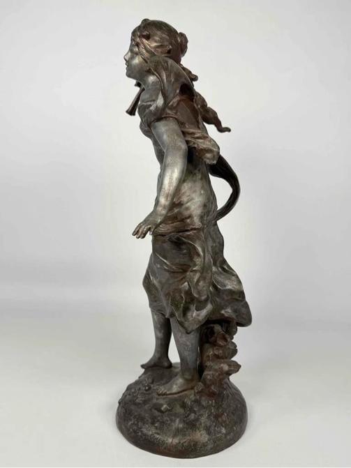 Antique Auguste Moreau Art Nouveau Woman Plan Flutes Bird Spelter Statue Signed - 5