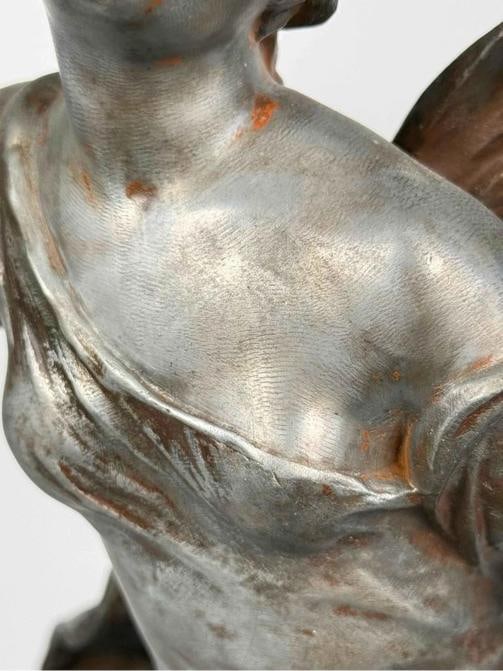 Antique Auguste Moreau Art Nouveau Woman Plan Flutes Bird Spelter Statue Signed - 6
