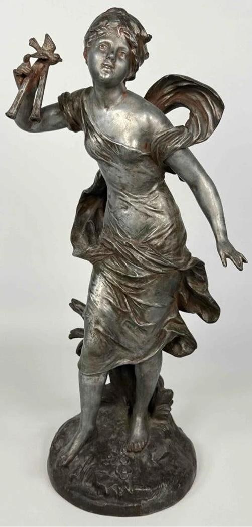 Antique Auguste Moreau Art Nouveau Woman Plan Flutes Bird Spelter Statue Signed - 7