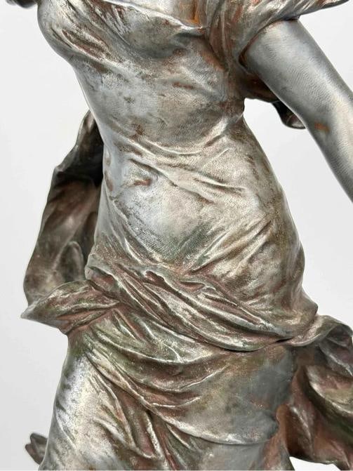 Antique Auguste Moreau Art Nouveau Woman Plan Flutes Bird Spelter Statue Signed - 8