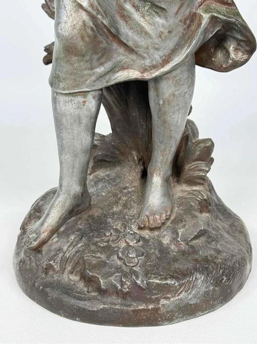 Antique Auguste Moreau Art Nouveau Woman Plan Flutes Bird Spelter Statue Signed - 9