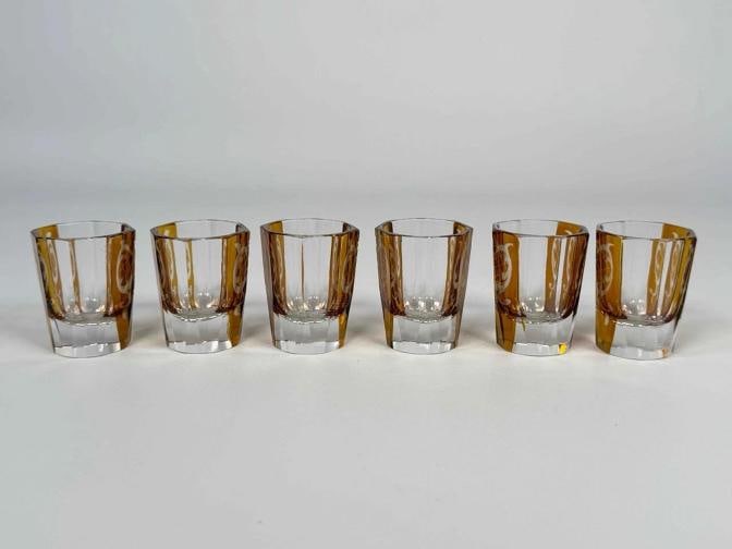 Antique Czech Bohemian Art Deco Amber Cut to Clear Crystal Decanter Set Glasses - 10