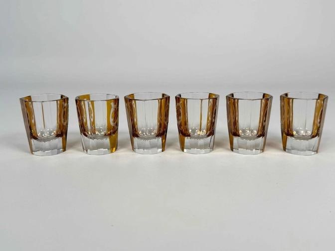 Antique Czech Bohemian Art Deco Amber Cut to Clear Crystal Decanter Set Glasses - 11