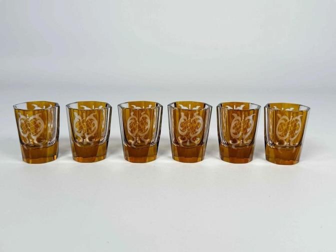 Antique Czech Bohemian Art Deco Amber Cut to Clear Crystal Decanter Set Glasses - 12
