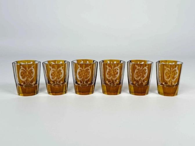 Antique Czech Bohemian Art Deco Amber Cut to Clear Crystal Decanter Set Glasses - 13