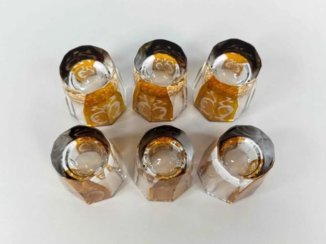Antique Czech Bohemian Art Deco Amber Cut to Clear Crystal Decanter Set Glasses - 14