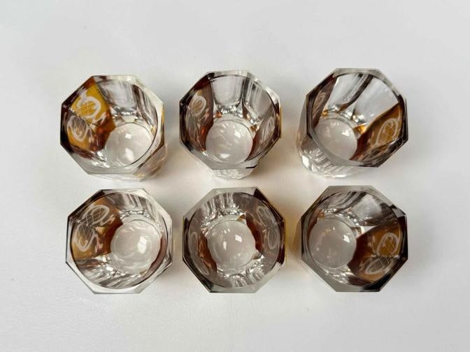 Antique Czech Bohemian Art Deco Amber Cut to Clear Crystal Decanter Set Glasses - 15