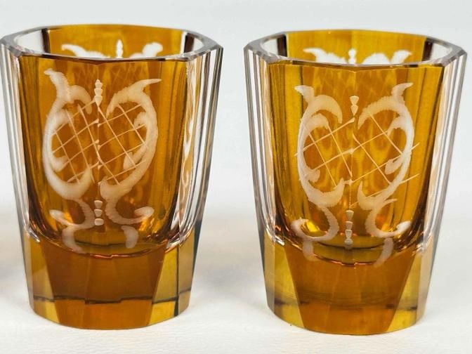 Antique Czech Bohemian Art Deco Amber Cut to Clear Crystal Decanter Set Glasses - 16