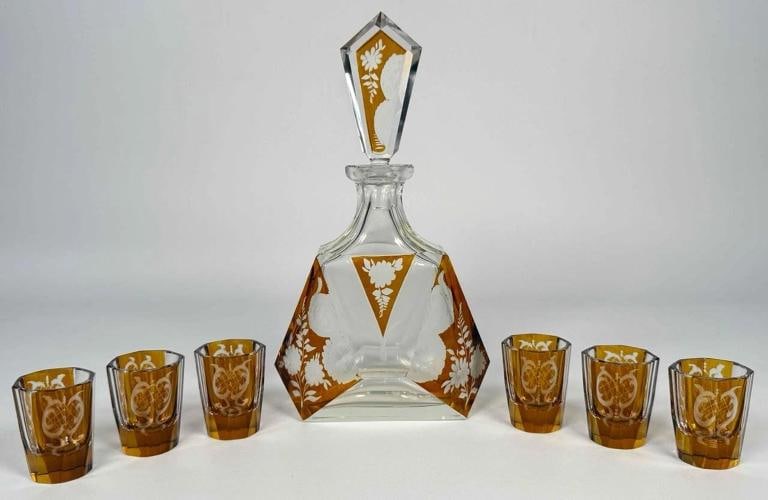 Antique Czech Bohemian Art Deco Amber Cut to Clear Crystal Decanter Set Glasses - 2