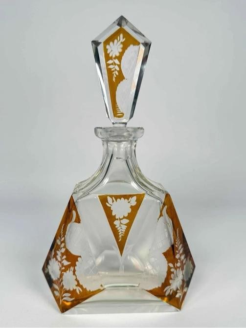 Antique Czech Bohemian Art Deco Amber Cut to Clear Crystal Decanter Set Glasses - 3