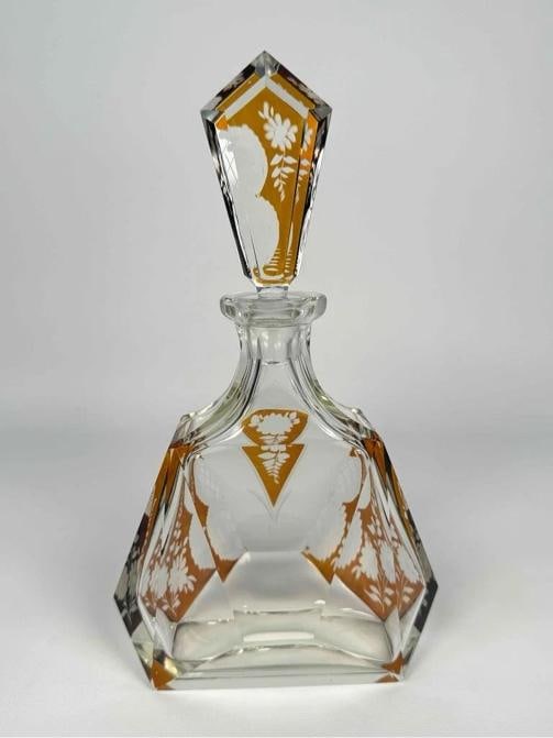 Antique Czech Bohemian Art Deco Amber Cut to Clear Crystal Decanter Set Glasses - 4