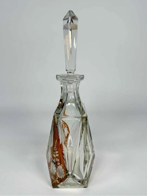 Antique Czech Bohemian Art Deco Amber Cut to Clear Crystal Decanter Set Glasses - 5