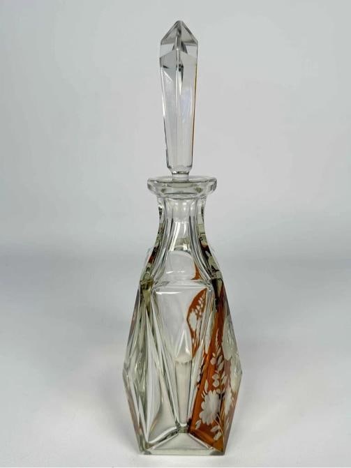 Antique Czech Bohemian Art Deco Amber Cut to Clear Crystal Decanter Set Glasses - 6
