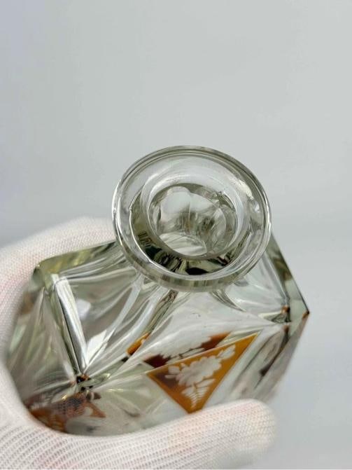 Antique Czech Bohemian Art Deco Amber Cut to Clear Crystal Decanter Set Glasses - 9
