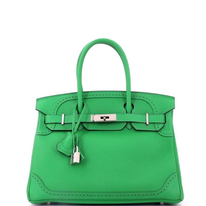 Hermes Birkin Ghillies Bag Bamboo Togo and Swift with Palladium Hardware 30: Accessories: Dust Bag, Lock, Keys, Clochette Measurements: Height 9", Width 11.5", Depth 6". Condition: Pre-owned - Good,Brand: Hermes,Exterior Material: Leather,Style: Totes,Exterior Color: