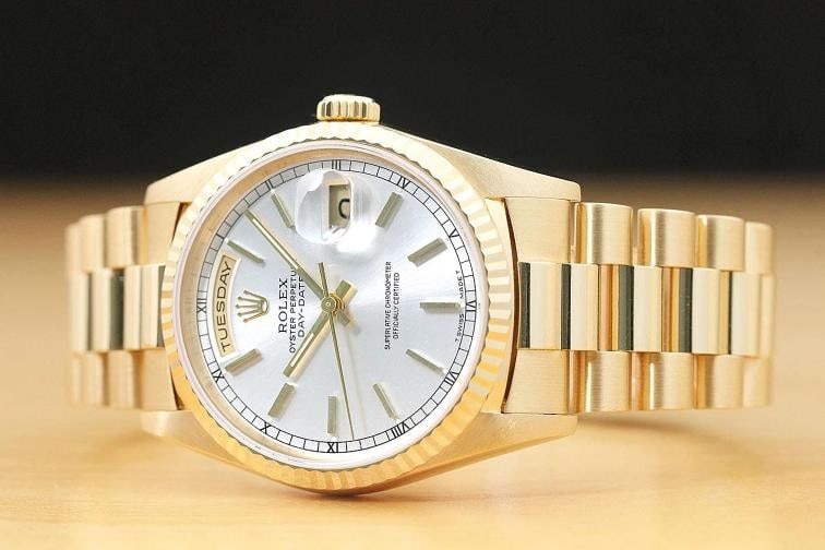 ROLEX MENS DAYDATE 18238 SILVER DIAL 18K YELLOW GOLD PRESIDENT DOUBLE QS WATCH - 2