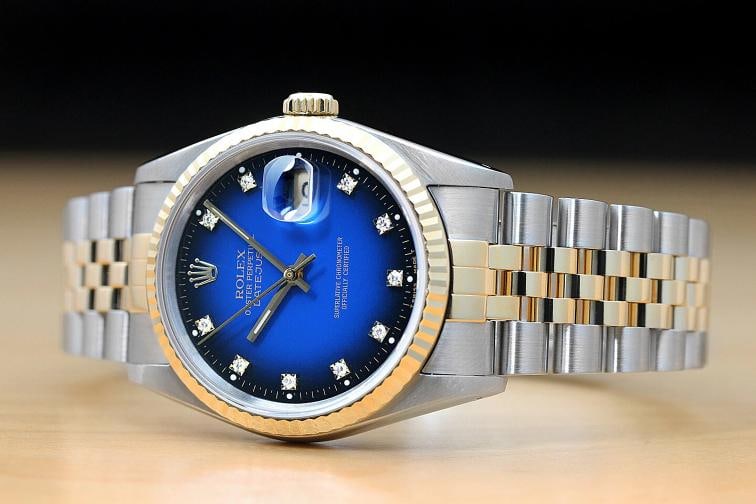ROLEX MENS DATEJUST BLUE VIGNETTE FACTORY DIAMOND 18K YELLOW GOLD STEEL WATCH - 2