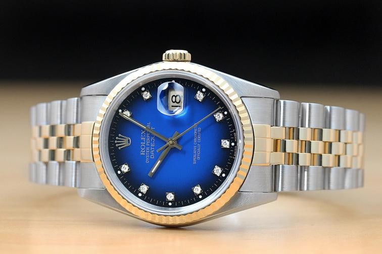 ROLEX MENS DATEJUST BLUE VIGNETTE FACTORY DIAMOND 18K YELLOW GOLD STEEL WATCH - 3