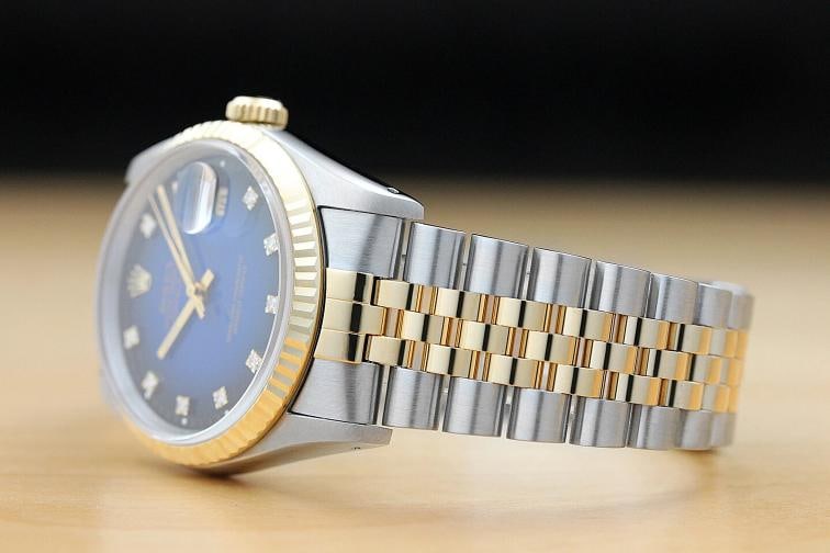 ROLEX MENS DATEJUST BLUE VIGNETTE FACTORY DIAMOND 18K YELLOW GOLD STEEL WATCH - 4