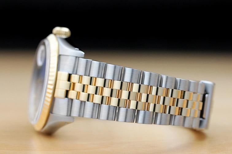 ROLEX MENS DATEJUST BLUE VIGNETTE FACTORY DIAMOND 18K YELLOW GOLD STEEL WATCH - 5