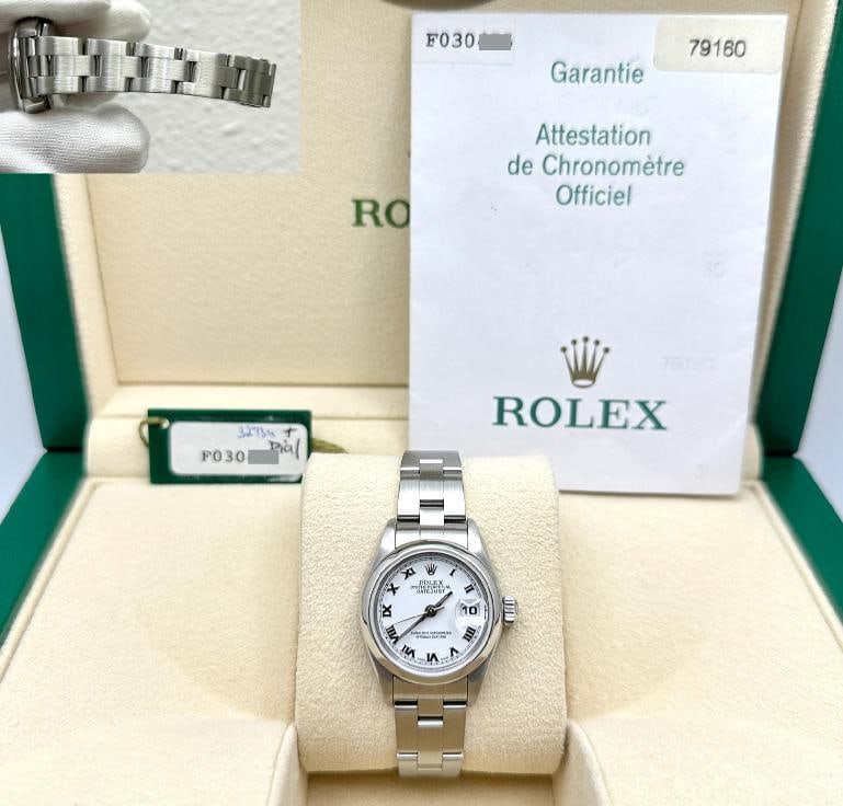 2004 Rolex Ladies Datejust 79160 White Roman Dial Stainless Steel Box Papers: Condition: Pre-owned - Excellent,Bezel Color: Silver,Indices: Roman Numerals,Year Manufactured: 2000-2009,Band/Strap: Rolex Oyster,Case Color: Silver,Department: Women,Bezel Type: Smooth,Watch Shape: 