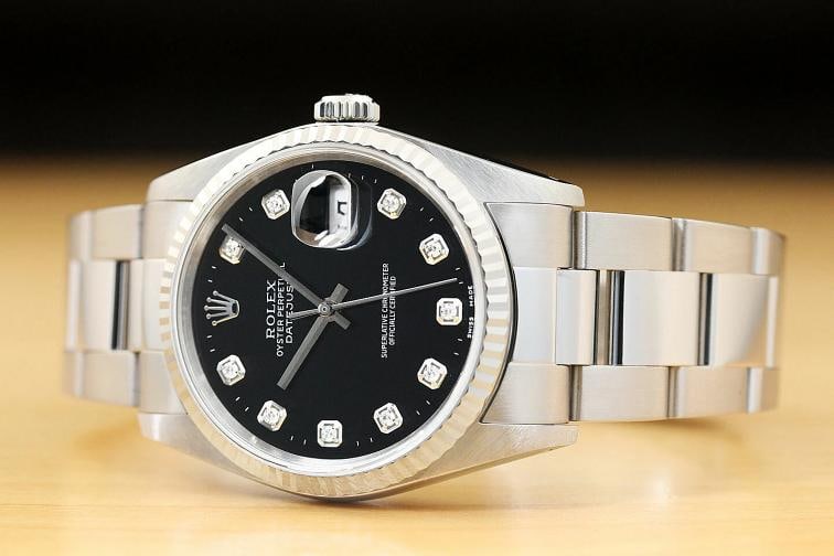 MENS ROLEX DATEJUST 16234 BLACK DIAMOND DIAL 18K WHITE GOLD STEEL OYSTER WATCH - 2