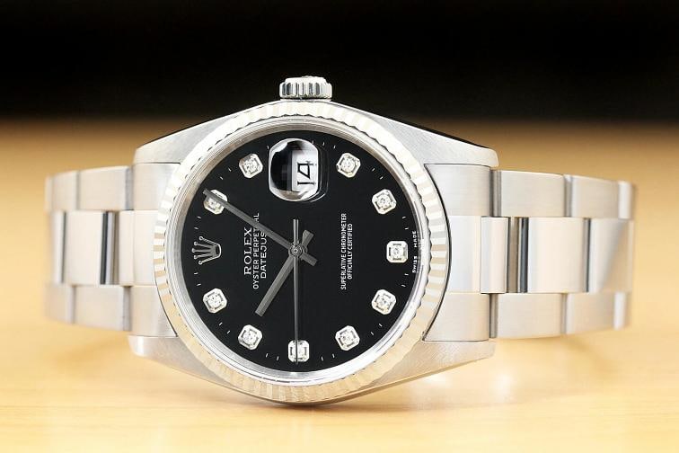 MENS ROLEX DATEJUST 16234 BLACK DIAMOND DIAL 18K WHITE GOLD STEEL OYSTER WATCH - 3