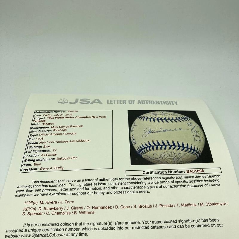 1998 New York Yankees World Series Champs Team Signed Baseball JSA COA - 10