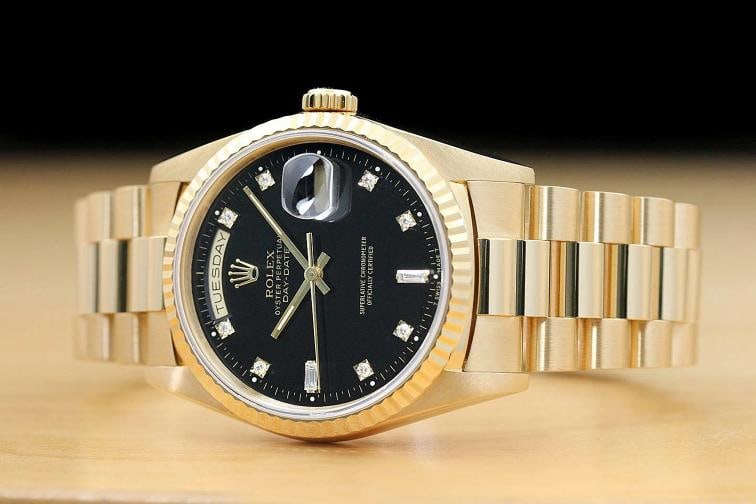 ROLEX MENS DAYDATE 18238 BLACK FACTORY DIAMOND DIAL 18K GOLD PRESIDENT WATCH - 2