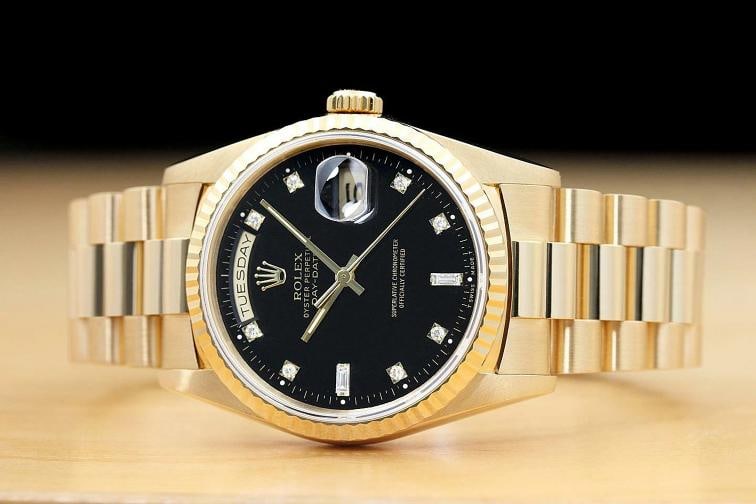 ROLEX MENS DAYDATE 18238 BLACK FACTORY DIAMOND DIAL 18K GOLD PRESIDENT WATCH - 3