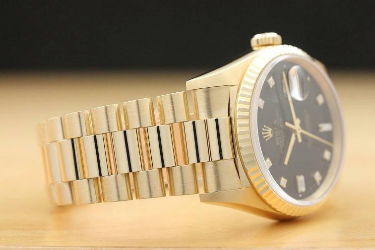 ROLEX MENS DAYDATE 18238 BLACK FACTORY DIAMOND DIAL 18K GOLD PRESIDENT WATCH - 8