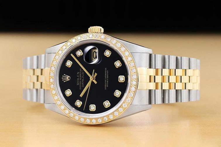 ROLEX DATEJUST 16233 BLACK FACTORY DIAMOND 18K YELLOW GOLD STEEL TWO TONE WATCH - 2
