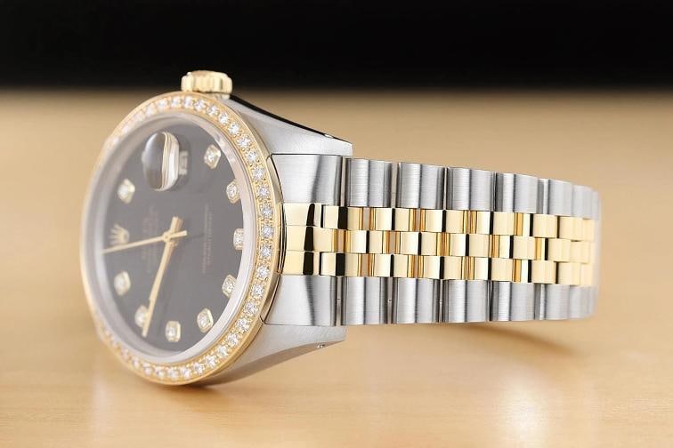 ROLEX DATEJUST 16233 BLACK FACTORY DIAMOND 18K YELLOW GOLD STEEL TWO TONE WATCH - 4