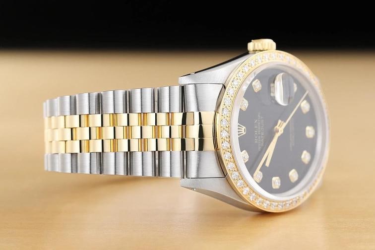 ROLEX DATEJUST 16233 BLACK FACTORY DIAMOND 18K YELLOW GOLD STEEL TWO TONE WATCH - 7