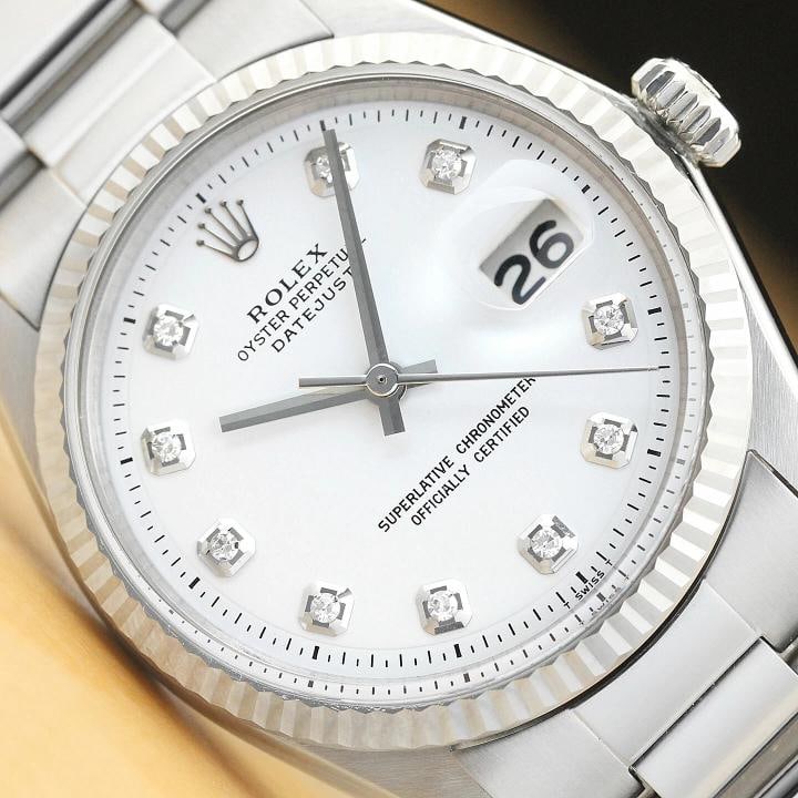 MENS ROLEX DATEJUST WHITE DIAMOND DIAL 18K WHITE GOLD STAINLESS STEEL WATCH: Condition: Pre-owned - Excellent,Bezel Color: Silver,Max Wrist Size: 7.26-7.5 in,Number of Jewels: 26 Jewels,Indices: Diamond Hour Marks, 12-Hour Dial, Multiple Hands,Bezel: Rolex 18K White Gold Flute