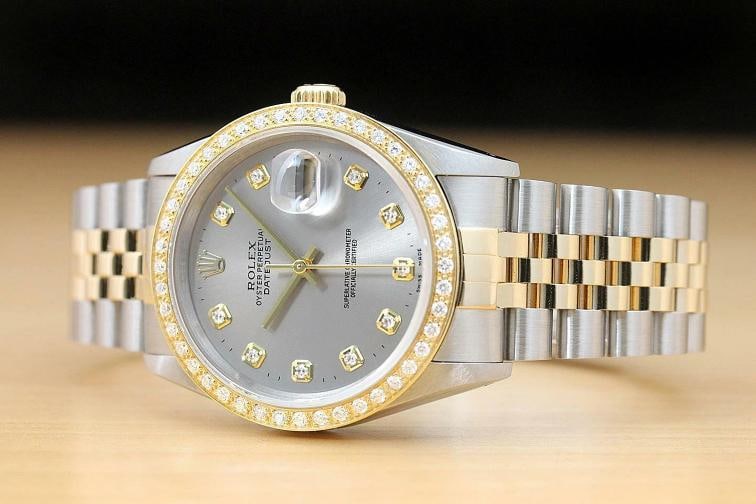 ROLEX MENS DATEJUST 16233 GRAY DIAMOND DIAL 18K YELLOW GOLD STEEL WATCH - 2