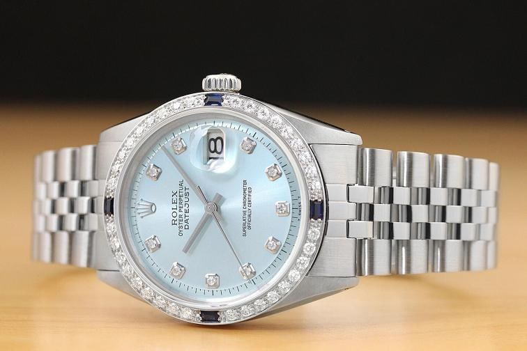 MENS ROLEX DATEJUST 1603 ICE BLUE DIAMOND DIAL 18K WHITE GOLD & STEEL WATCH - 2