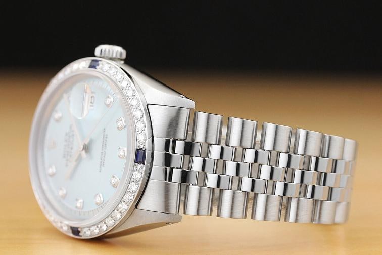 MENS ROLEX DATEJUST 1603 ICE BLUE DIAMOND DIAL 18K WHITE GOLD & STEEL WATCH - 4