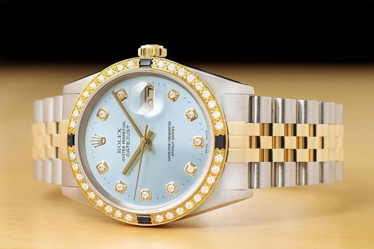 ROLEX MENS DATEJUST 16013 DIAMOND SAPPHIRE 18K YELLOW GOLD STEEL ICE BLUE WATCH - 2