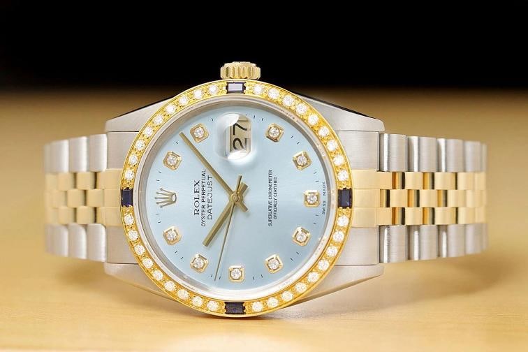 ROLEX MENS DATEJUST 16013 DIAMOND SAPPHIRE 18K YELLOW GOLD STEEL ICE BLUE WATCH - 3