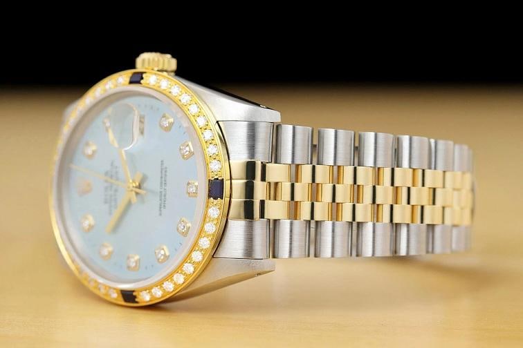 ROLEX MENS DATEJUST 16013 DIAMOND SAPPHIRE 18K YELLOW GOLD STEEL ICE BLUE WATCH - 4